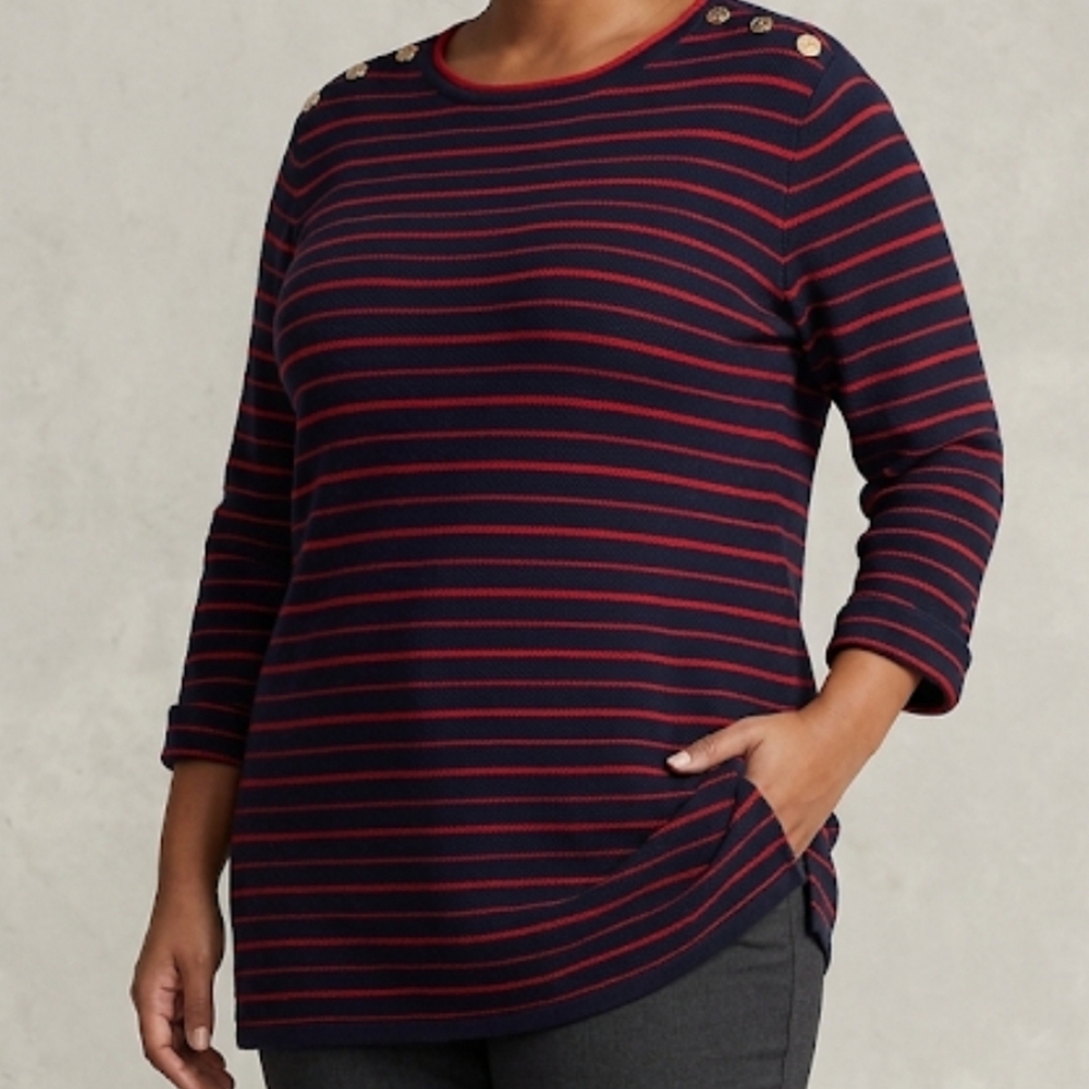Striped Navy Pullover Knit Top with Red Contrast Stripes Women's XL Casual